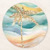 トロピカル金ゴールドグリッターパームツリービーチ ラウンドペーパーコースター (正面)
