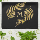 トロピカル金ゴールドグリッターパームツリーフロンズオンブラック キッチンタオル (折り畳み)