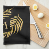 トロピカル金ゴールドグリッターパームツリーフロンズオンブラック キッチンタオル (四つ折り)