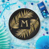 トロピカル金ゴールドグリッターパームツリーフロンズオンブラック ペーパープレート (パーティー)