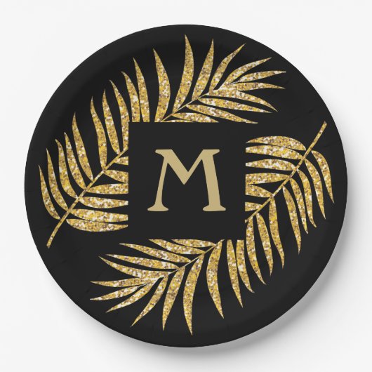 トロピカル金ゴールドグリッターパームツリーフロンズオンブラック ペーパープレート (正面)