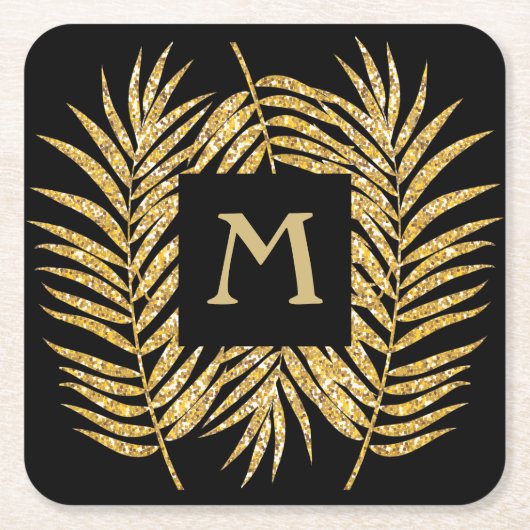 トロピカル金ゴールドグリッターパームツリーフロンズホームデコール スクエアペーパーコースター (正面)