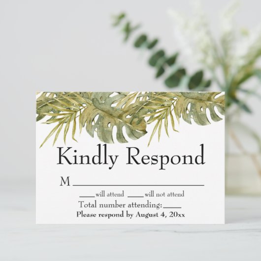 トロピカル離れパームウェディングRSVPカード サンキューカード (スタンド正面)