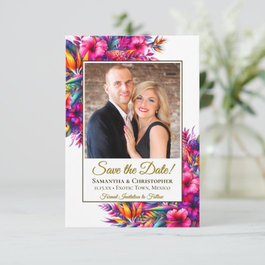 トロピカル鮮やかガーデンの花と写真結婚の数 セーブザデート (スタンド正面)