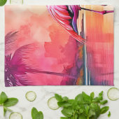 トロピカル鮮やかフラミンゴグローデザイン キッチンタオル (折り畳み)