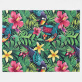 トロピカル鮮やかフローラとオウムデザイン フリースブランケット (正面(横))