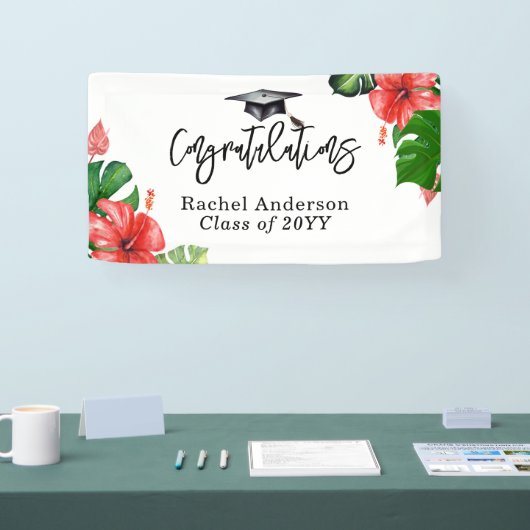 トロピカル鮮やかモンステラ卒業バナー 横断幕 (トレードショー)