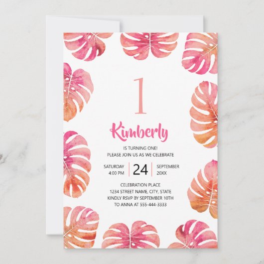 トロピカル1thバースデーパーティーピンクサマービーチ 招待状 (正面)