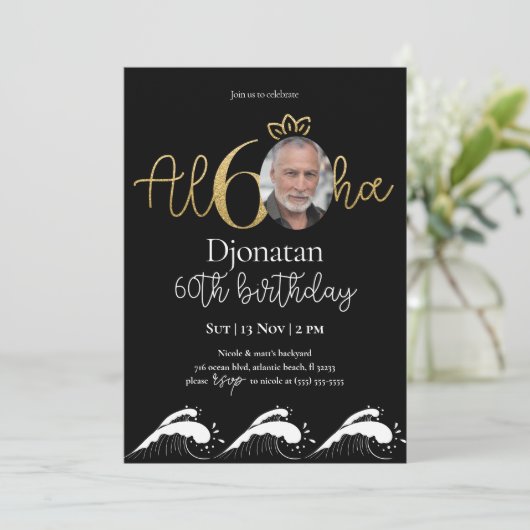 トロピカル60thブラック金ゴールド誕生日招待状写真 招待状 (スタンド正面)