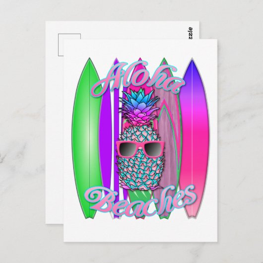 トロピカル アロハ ビーチ ファン サーフィン パイナップル ポストカード (正面/裏面)