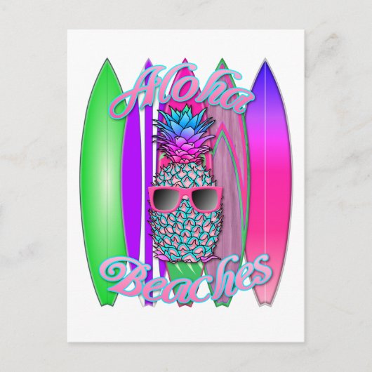 トロピカル アロハ ビーチ ファン サーフィン パイナップル ポストカード (正面)