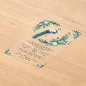 トロピカル インド ピオカック フローラル ウェディング アクリル招待状 (レイダウン)