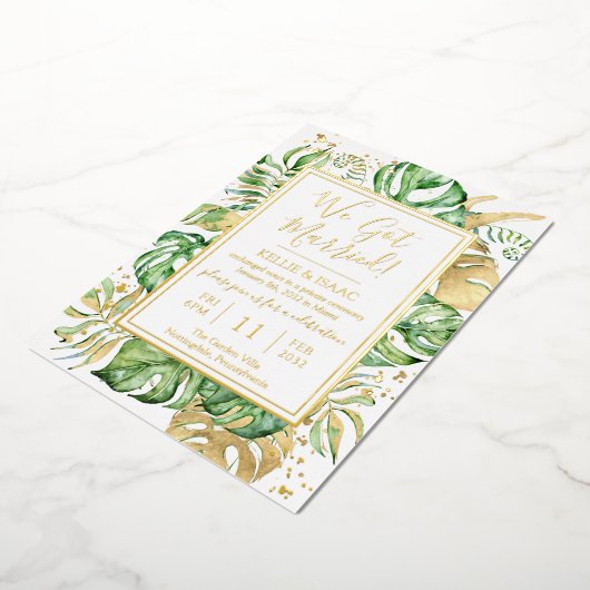 トロピカル ウェ・ガット・マリード エロープメント レセプション パーティー 箔招待状 (回転した状態)