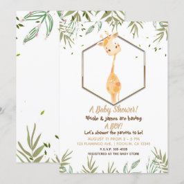 トロピカル ウォーターカラー かわいい キリン 男の子 ベビーシャワー 招待状