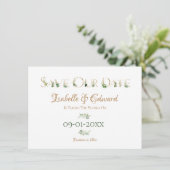 トロピカル ウォーターカラー グリーン & ゴールド モンステラの葉 セーブザデート (スタンド正面)