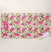 トロピカル ウォーターカラー スイカのスライス モノグラム入り ビーチタオル (正面)