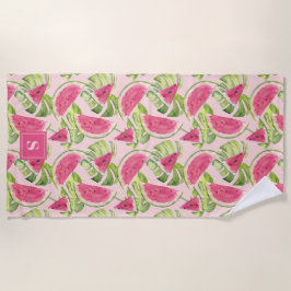 トロピカル ウォーターカラー スイカのスライス モノグラム入り ビーチタオル