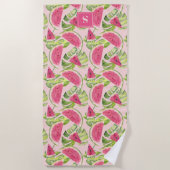 トロピカル ウォーターカラー スイカのスライス モノグラム入り ビーチタオル (正面)