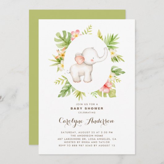 トロピカル ウォーターカラー ゾウ 夏のベイビーシャワー 招待状 (正面/裏面)