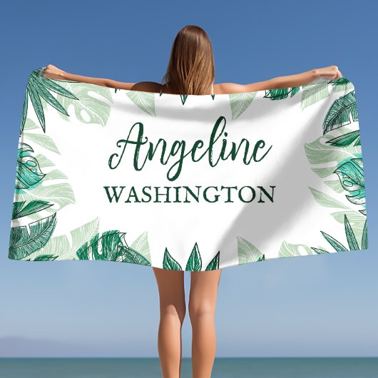 トロピカル ウォーターカラー パームリーフ オーダーネーム ビーチタオル