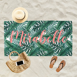 トロピカル ウォーターカラー パームリーフ カスタム コーラル ネーム ビーチタオル