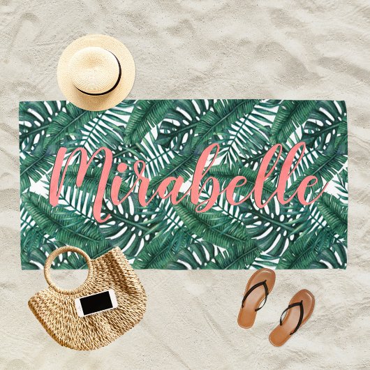 トロピカル ウォーターカラー パームリーフ カスタム コーラル ネーム ビーチタオル
