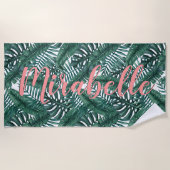 トロピカル ウォーターカラー パームリーフ カスタム コーラル ネーム ビーチタオル (正面)