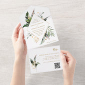 トロピカル ウォーターカラー フォリアージ ゴールド ウェディング QR コード オールインワン招待状 (貼ってはがせる)