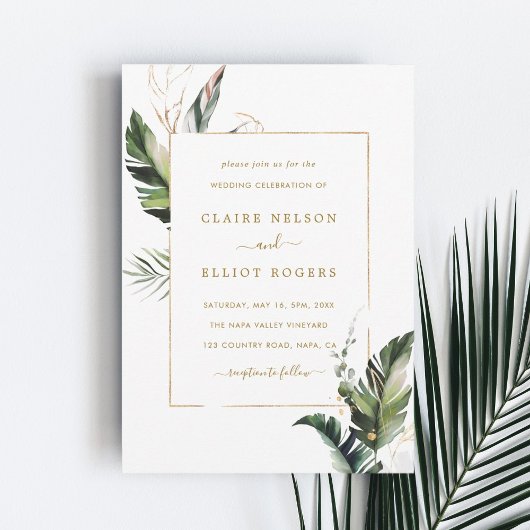 トロピカル ウォーターカラー フォリア ゴールド フレーム ウェディング 招待状