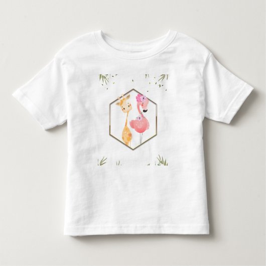 トロピカル ウォーターカラー フラミンゴ & キリン ベビーシャワー トドラーTシャツ (正面)