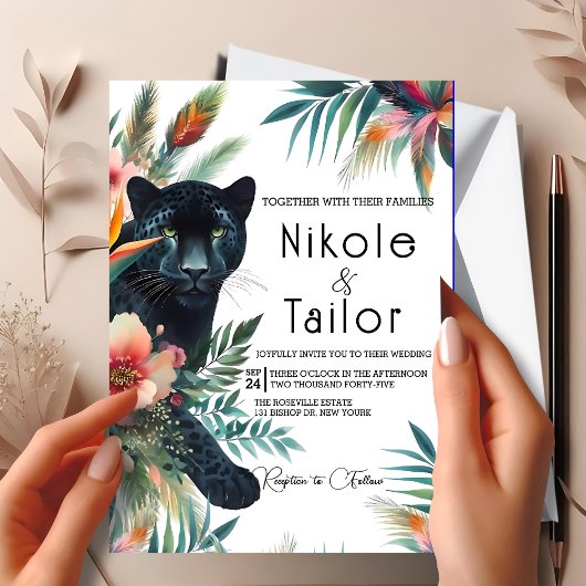 トロピカル ウォーターカラー フローラルとジャガー 招待状