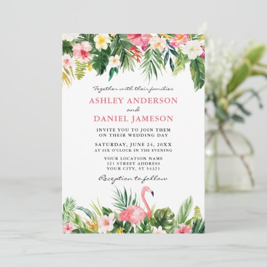 トロピカル ウォーターカラー フローラル フレミンゴ ウェディング ピンク 招待状 (スタンド正面)