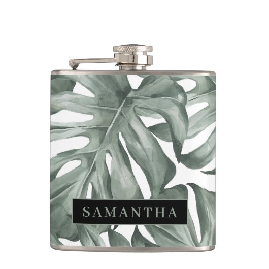 トロピカル ウォーターカラー モダン オアシス リーフ パターン フラスク (正面)