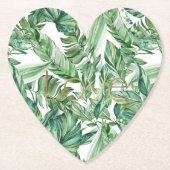 トロピカル ウォーターカラー 緑の葉 ゴールド ラブ (薄い) ペーパーコースター (正面)