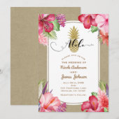 トロピカル エキゾチック フラワーズ ゴールド パイナップル アロハ ルアウ 招待状 (正面/裏面)