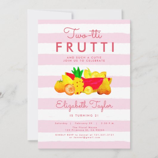トロピカル·ガール2歳誕生日2つのピンクの2つのフルッティ 招待状 (正面)