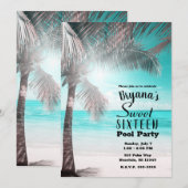 トロピカル グラム ピンクアクアブルー ビーチ パーム スイート16 招待状 (正面/裏面)