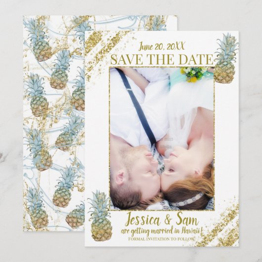 トロピカル グリッター パイナップル セーブ・ザ・デート フォト 招待状 (正面/裏面)