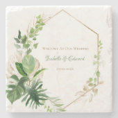 トロピカル グリーン & ゴールド 水彩パームリーフ ストーンコースター (正面)