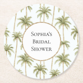 トロピカル グリーン ホワイト パーム ツリー ブライダル シャワー ラウンドペーパーコースター