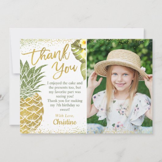 トロピカル ゴールド グリッター パイナップル 誕生日 フォト サンキューカード (正面)