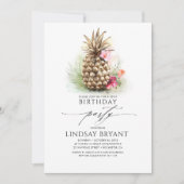 トロピカル ゴールド パイナップル ビーチ フラワー バースデー 招待状 (正面)