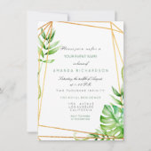 トロピカル ゴールド ポリゴナル フレーム ストライプ ライン 緑 招待状 (正面)