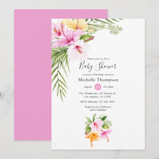 トロピカル サマー フラワー ベイビー シャワー 招待状 (正面/裏面)