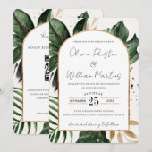 トロピカル サマー リーフ アーチ QR コード RSVP ウェディング 招待状 (正面/裏面)