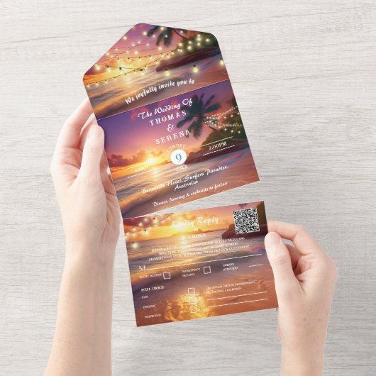 トロピカル サンセット ビーチ QRコード 海 オールインワン招待状 (貼ってはがせる)