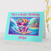 トロピカル サーフィン ピンク キッテン バースデー カード (黄色い花)