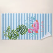 トロピカル，ストライプのフラミンゴプールフロート ビーチタオル (正面)