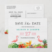 トロピカル セーブ ザ デート | ハイビスカス フラワーフラミンゴ 案内ポストカード (正面/裏面)