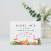 トロピカル セーブ ザ デート | ハイビスカス フラワーフラミンゴ 案内ポストカード (スタンド正面)